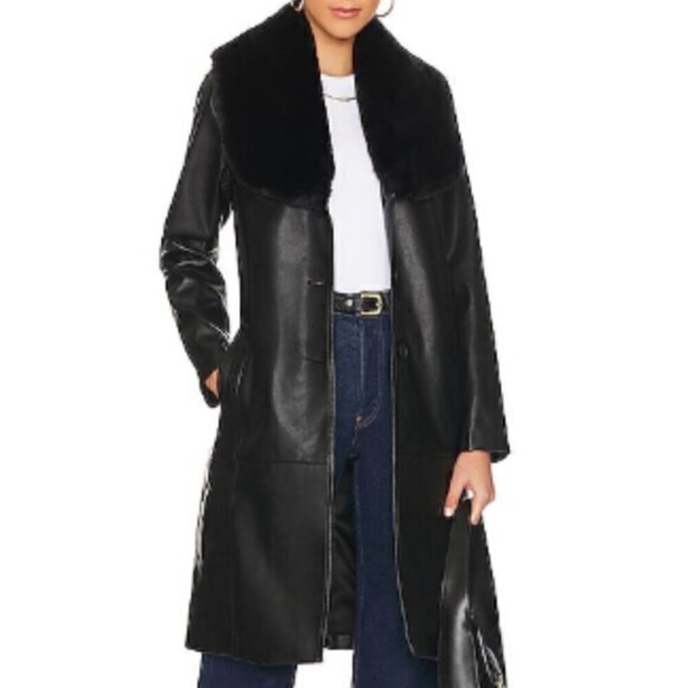 Blank NYC Black Leather Coat with Faux Fur Collar